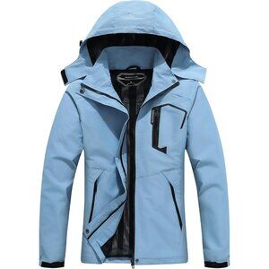 Women's Blue Waterproof Lightweight Rain Jacket, Windproof Trench Coat Hood